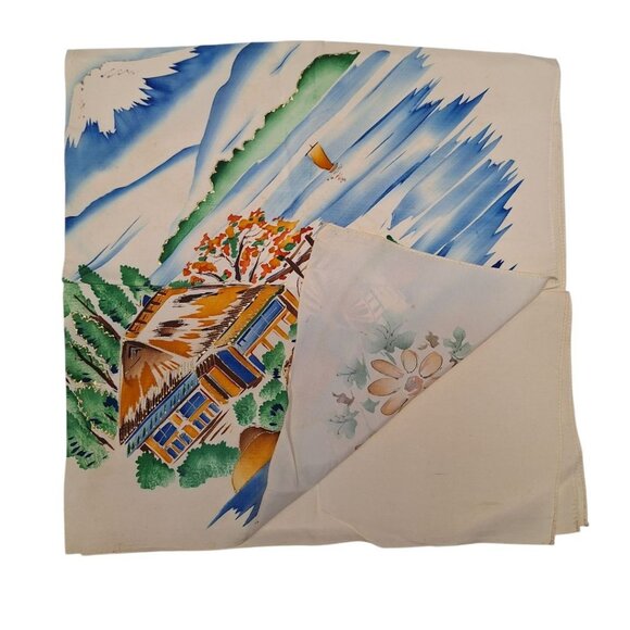 Vintage Painted Scarf Glitter Cabin Mill River Flowers Mountain Decor Old Granny - Picture 3 of 7